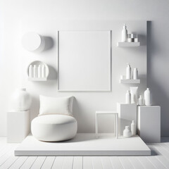 A white room with white chair anda white framed picture on wall