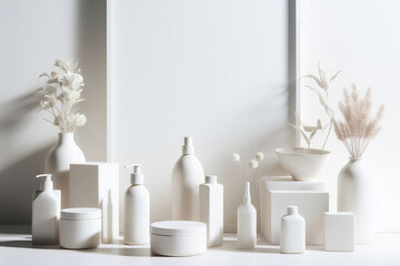 white background with a variety white vases and bottles