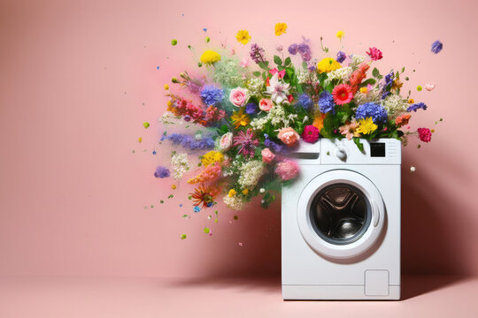 white washing machine is covered in flowers
