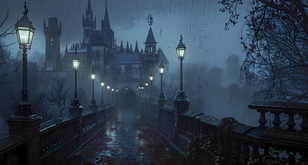 vampire castle at night with street lamps - obrazy, fototapety, plakaty