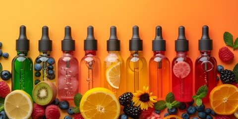 Colorful ecigarettes with fruit flavors representing vaping and nicotine addiction in a vape store. Concept Vape Store Display, Colorful E-cigarettes, Fruit Flavors, Nicotine Addiction - obrazy, fototapety, plakaty