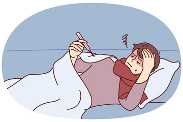 Sick guy lies on sofa or bed under blanket and looks at thermometer after walk in park in cold weather. Weakened man needs medicine for flu or viral epidemic that causes fever. Flat vector design