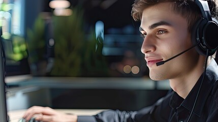a call center, a happy agent, outfitted in black attire and wearing headphones, provides top-notch customer support as part of a professional contract service telemarketing team.