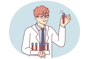 Young man scientist in white coat holds test tubes with blood samples for scientific experiments. Smart guy working as doctor in private clinic demonstrates plastic flask. Flat vector illustration