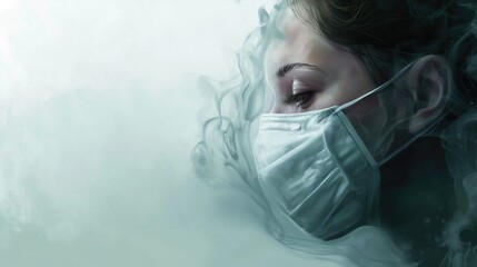 Portrait of a young woman in a medical mask against the background of smoke