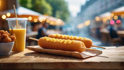 Corn dog on wooden table. Tasty fast food. Delicious snack. Blurred cafe or restaurant interior - Powered by Adobe