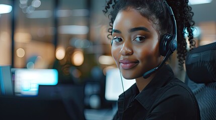 a call center, a happy agent, outfitted in black attire and wearing headphones, provides top-notch customer support as part of a professional contract service telemarketing team.