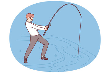 Businessman with fishing rod fishing in river for concept of striving to achieve set goals or attract customers for company. Purposeful man makes efforts to succeed in business or career growth