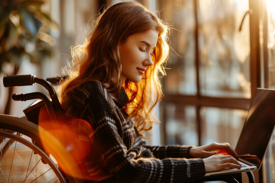 A close-up image of a beautiful girl in a wheelchair, her face illuminated by the warm light as she works on a laptop