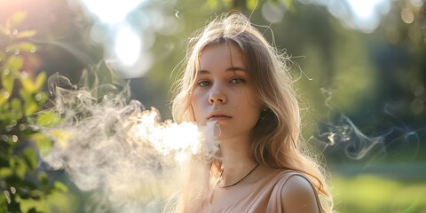 Teen girl vaping outdoors exhaling smoke. Concept teenagers, vaping, smoke, outdoor, controversial