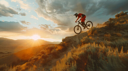 A mountain biker leaping off a rugged trail at sunset.