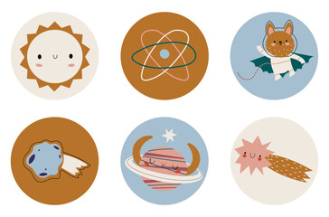 Cute Space illustrations with Planets, Meteorite, Star, Sun, Astronaut and Spaceship. Round stickers for decorating children's birthdays and themed parties. A set of decorations for a candy bar.