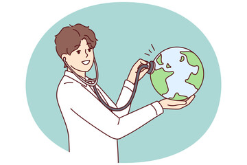 Man doctor applies stethoscope to globe demonstrating care for ecology and nature. Eco-activist guy in white coat wants to help reduce harmful emissions on planet. Flat vector illustration