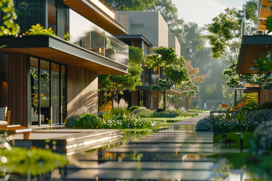 A close-up image of a luxury city quarter, the single-story houses reflecting the warm light of a summer day