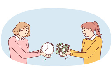 Two women exchange wads of money and watches, symbolizing purchase of free time or employment with hourly pay. Girl sells time in exchange for financial reward. Flat vector illustration