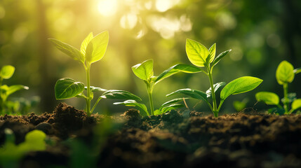 The seedlings grow from fertile soil with sunrise. Young Plant Growing In light at morning. Ecology and ecological balance concept. small tree growing with sunrise.	Generative AI