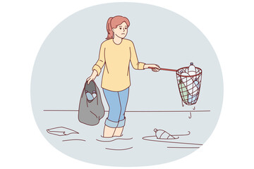 Sad woman cleans ocean of plastic garbage by pulling out bottles using scoop-net. Girl eco activist and volunteer to take care of nature puts garbage thrown into sea into bag. Flat vector design