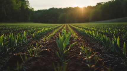 Endless field with seed beds. Eco friendly agriculture modern ideas. Rustic nature.