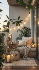a small balcony adorned with outdoor seating, a wooden side table, lanterns, potted plants, string lights, a beige area rug, and neutral color palette in a realistic photo.