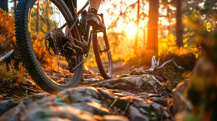 A mountain biker navigating a rocky trail at sunset.
