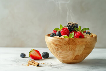 Steaming Oatmeal Bowl with Fresh Berries and Mint