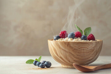 Steaming Oatmeal Bowl with Fresh Berries and Mint