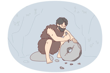 Ancient man with beard who lives in cave uses stone tool to create wheel. Neanderthal man in cloak made of animal skin invents primitive devices for grinding grain. Flat vector illustration