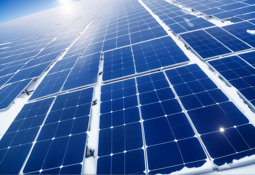 Solar photovoltaic panels on winter nature. Safe energy generation
