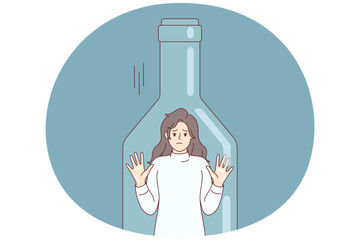 Depressed woman standing inside transparent bottle cant get out due to alcohol abuse. Young girl is trapped in need of treatment and rehab from strong drinks addiction. Flat vector illustration