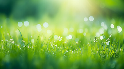 Obraz premium Green grass and sunlight banner background. Spring and summer themes