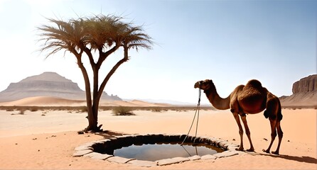 desert camel, A well in the desert, water problems, drought. Water shortages. - obrazy, fototapety, plakaty