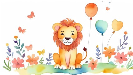 Obraz na płótnie Canvas watercolor illustration of a lion cub with balloons on a white background, suitable for a nursery or children's room, for invitation, card, sticker and banner.