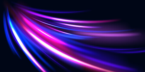 Luminous bright background. High speed effect motion blur night lights blue and red. Magic shining neon light line trails. Purple glowing wave swirl, impulse cable lines. Long time exposure. Vector