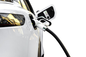 Charging an electric car at a charging station on a white background. Eco transport. Eco-friendly transport - obrazy, fototapety, plakaty