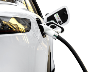 Charging an electric car at a charging station on a white background. Eco transport. Eco-friendly transport
