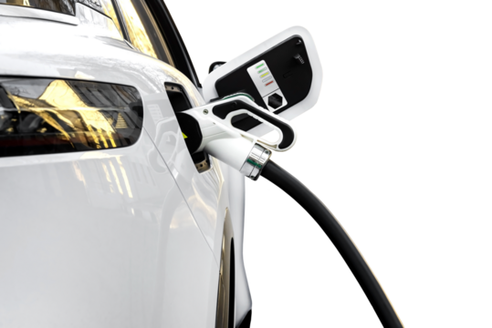 Charging an electric car at a charging station on a white background. Eco transport. Eco-friendly transport