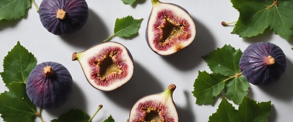 Fresh figs with green leaves on grey background.