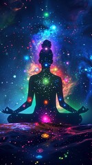 Fototapeta na wymiar Meditating human silhouette in yoga lotus pose. Galaxy universe background. Colorful chakras and aura glow. Meditation on outer space background with glowing chakras. Esoteric.