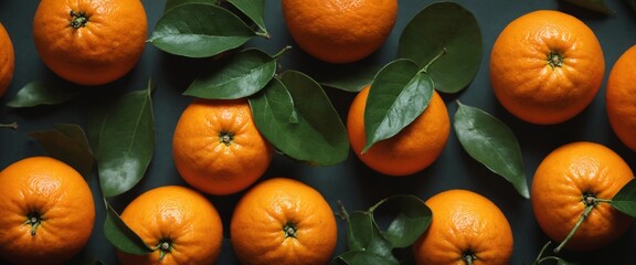 Fresh orange with green leaves on dark. Food background. Top view