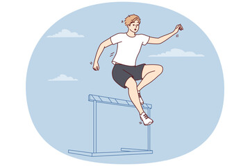 Male athlete running up jumps over barrier during important competition. Purposeful guy in casual clothes makes jump in preparation for championship wishes to get gold medal. Flat vector illustration