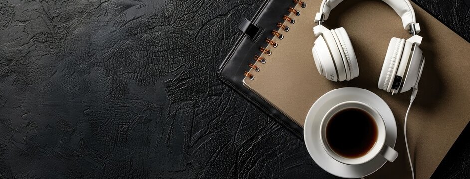 white headphones, a notebook, and coffee positioned on a luxurious black leather background, with space available for text or design, presenting a conceptual work banner mockup.