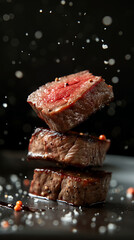 Juicy Steak Trio in Mid-Air with Glistening Droplets