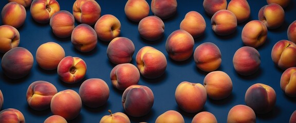 Fresh peach fruits on dark blue. Top view flat lay - obrazy, fototapety, plakaty