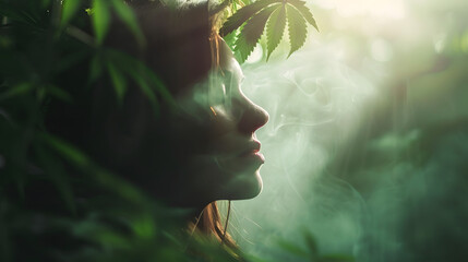 Mädchen vor dem Hintergrund von Cannabisblättern, umgeben von morgendlichem Dunst, tonwertkorrigiertes unscharfes Bild - obrazy, fototapety, plakaty