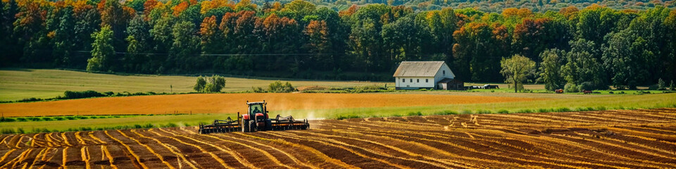 Fototapeta premium Tractor on a striped field, Seasonal Agriculture: Tilling the Fertile Fields, Farming, Earth's Bounty, Educational Materials, Agricultural Equipment Advertisements, Environmental Studies, Banner