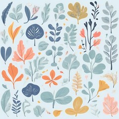 A collection of seamless pattern, colorful abstract plants and flowers. Hand drawn Collection of leaves and flowers. A close up of a pattern of flowers and leaves.
