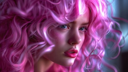 Naklejka premium Close-up portrait of a beautiful girl with pink hair and blue eyes. Fashion concept