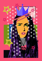 Queen, sexy girl pink and purple color with stars. People creative pop art background 