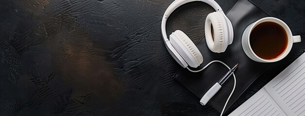 white headphones, a notebook, and coffee positioned on a luxurious black leather background, with space available for text or design, presenting a conceptual work banner mockup.