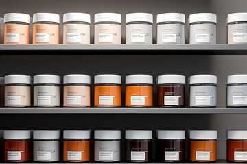 Rows of contemporary skincare container with unbranded labels, offering significant copyspace for personalized customization and branding.